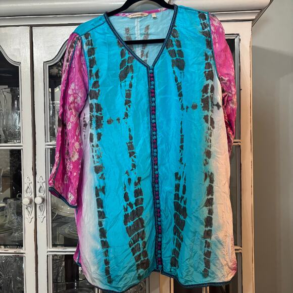 Soft Surroundings CURACAO 100% SILK Tunic Top size L BOHO Turquoise pink Resort - Picture 2 of 10